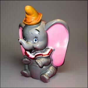 Vintage Dumbo Elephant Coin Bank — Disney Style Circus Elephant — Pink Ears, 9”